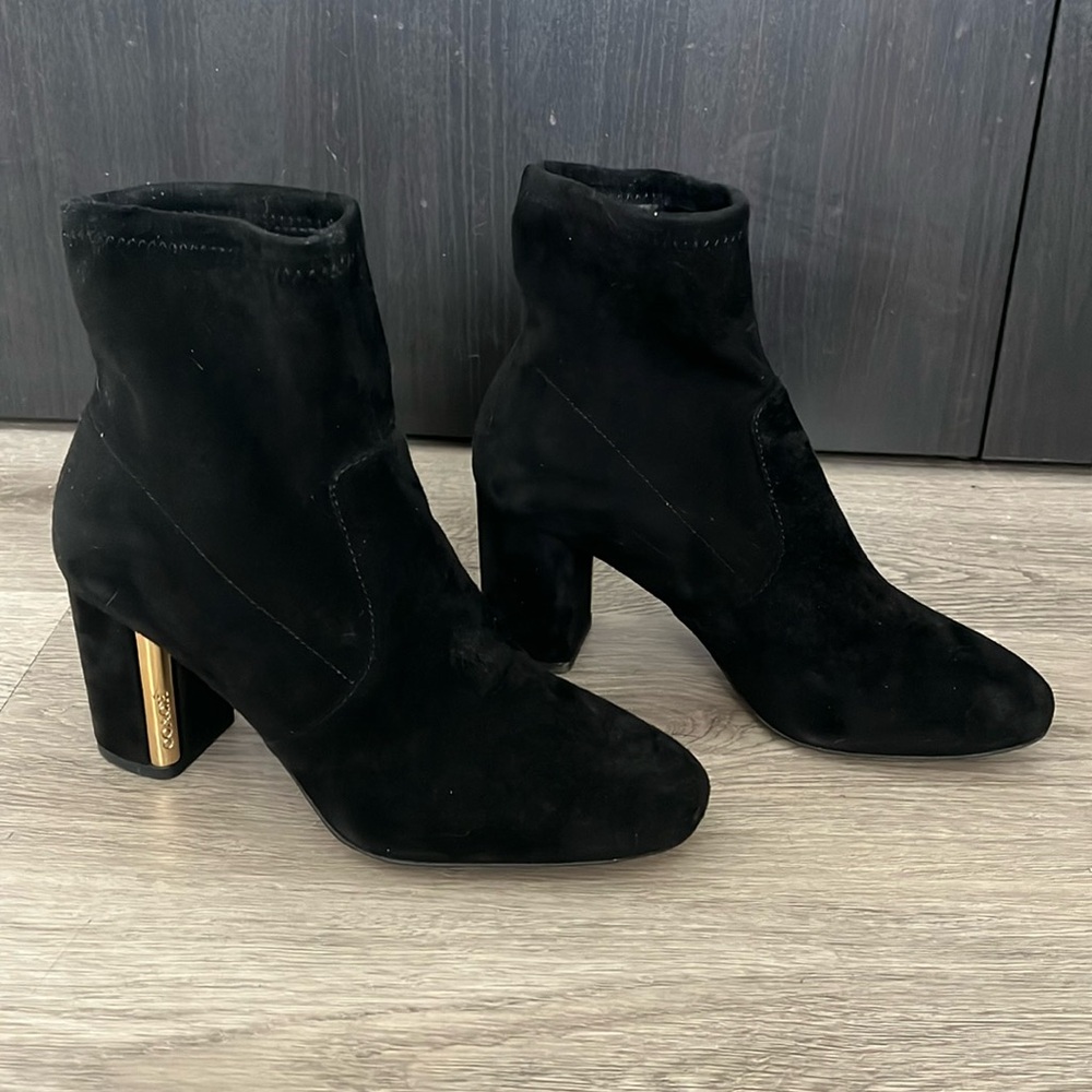 Coach Black Suede Margot High Gold Heel Booties